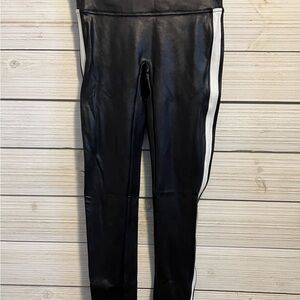 SPANX Black Faux Leather Leggings with White Stripe